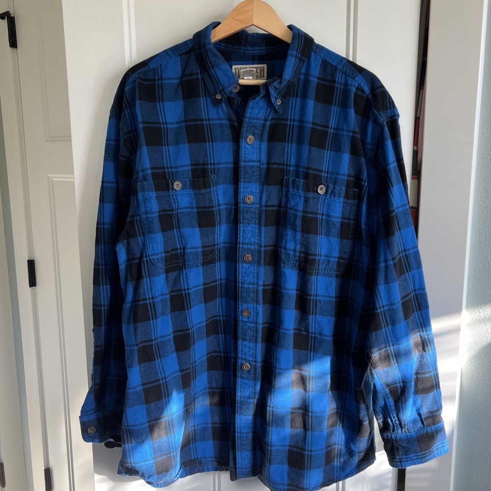 Duluth Trading Co Flannel Shirt Mens Large Blue Black Plaid Button Up Workwear